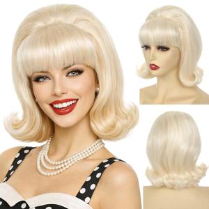 HAIRJOY ​​합성 머리 짧은 보브 가발(여성용 앞머리 포함) 60년대 70년대 레트로 벌집 부팡 가발 할로윈을 위한 빈티지 의상 가발