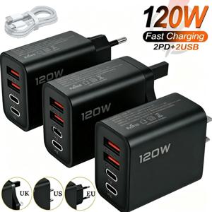 120W 4포트 USB 충전기 고속 충전 휴대폰 충전 어댑터 타입 C 케이블 (아이폰, 삼성, 샤오미 호환) EU/US/UK 플러그 벽면 충전기