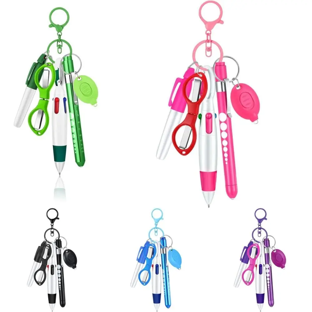 6-in-1 다기능 접이식 볼펜 세트 손전등 접이식 배지 클립 배지 릴 키체인 의사 간호사 영구 마커