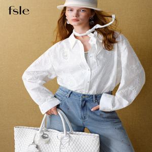 FSLE【프리미엄 시리즈】여성 빈티지 맥시멀리스트 자수 화이트 블라우스 스커트 세트 로맨틱 러플 슬리브 셔츠 헤리티지 시크 스타일