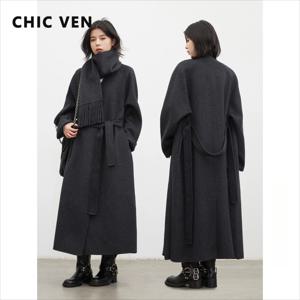 CHIC VEN 한국 여성용 롱 양면 모직 코트 루즈핏 V넥 오피스룩 여성용 오버코트 벨트 오버사이즈 의류 가을 겨울 2026