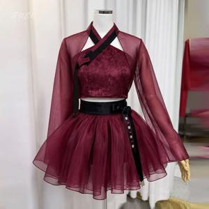 TULX 와인 레드 2Pcs 짧은 콘서트 한복 Organza 긴 소매 한국 사진 촬영 드레스 A 라인 미니 파티 댄스 파티 드레스 맞춤형