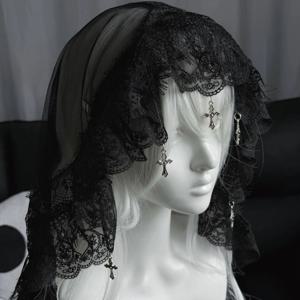 Y2K 고딕 레이스 크로스 빈티지 반다나 헤드피스 다크 로리타 튤 헤드 커버 할로윈 코스프레 다크 에스테틱 헤어 액세서리