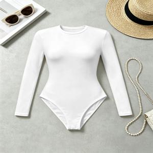 여성용 크루넥 긴소매 바디수트 슬림핏 하이 스트레치 베이직 점프수트 솔리드 캐주얼 데일리 패션 바디탑