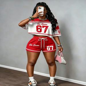 2026년 신상 여성용 반소매 세트 레터 및 숫자 프린트 축구 반소매 티셔츠 투피스 세트 크롭탑 스포츠 세트