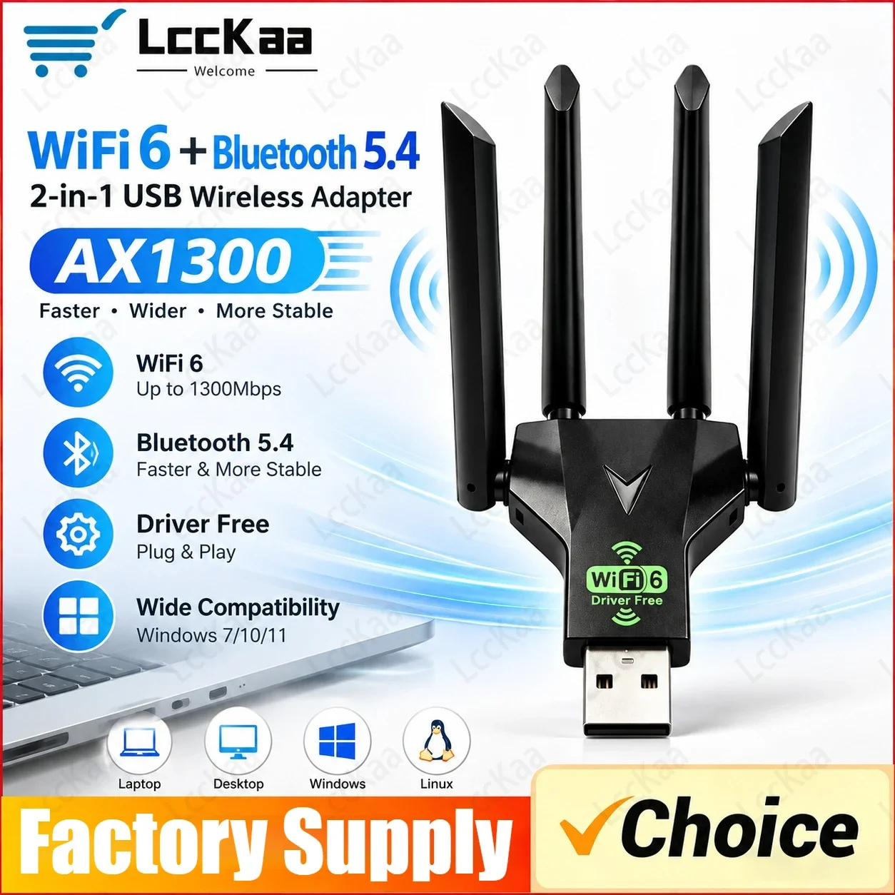 AX1300 Wi-Fi 6, 블루투스 5.4 USB 어댑터, 듀얼 밴드 2.4GHz/5GHz, 1300Mbps 무선 네트워크 카드, PC 및 노트북용 Wi-Fi 동글, 드라이버 불필요