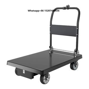 견고한 전동 핸드 카트, 최대 500kg 적재 가능, 높이 조절 가능한 손잡이, 60x90cm 크기의 강철 플랫폼, 자재 운반용 4개의 바퀴.