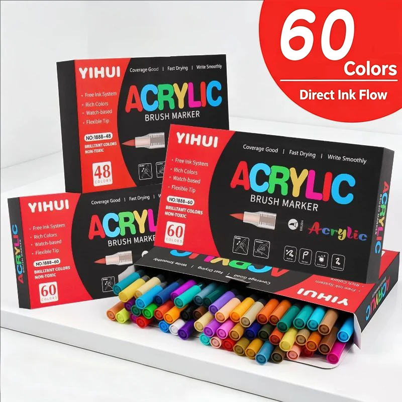12-60 색상 아크릴 마커 페인트 펜 부드러운 브러시 팁 방수 페인트 마커 (돌, 나무, 유리, DIY 공예용)
