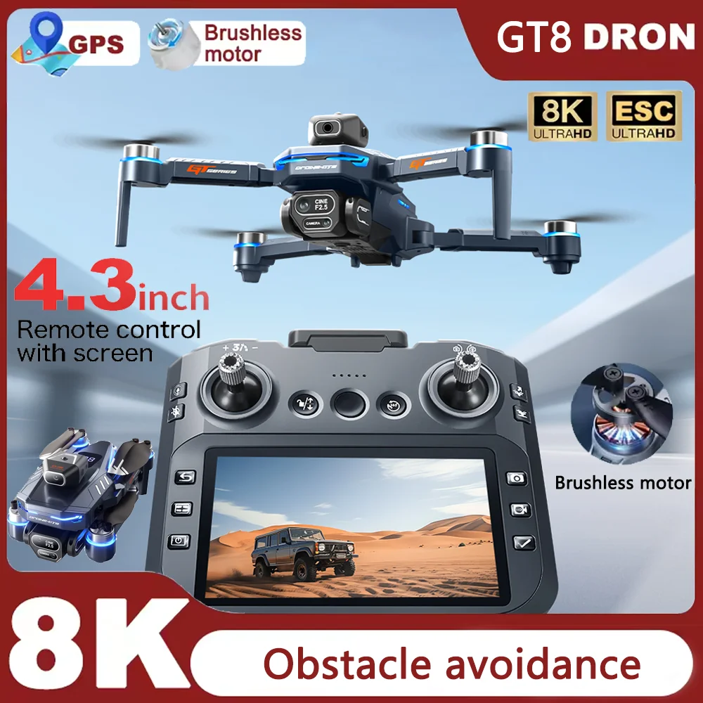 GT8 접이식 GPS RC 드론, 8K HD ESC 카메라, 브러시리스 모터, 장애물 회피 기능, 4.3인치 화면 컨트롤러, FPV 쿼드콥터, 항공 드론