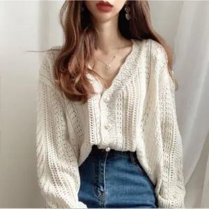 레트로 시크 V넥 홀 아웃 니트웨어 루즈핏 레이지 스타일 여성용 봄 가을 신상 페어리 테일 스웨터 가디건 긴팔