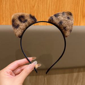 고양이 귀 모양의 빵(찐빵 형태의 고양이 귀 모양 빵) 표범 무늬 귀여운 다용도 플러시 헤어밴드, 일상적인 헤어 액세서리에 적합