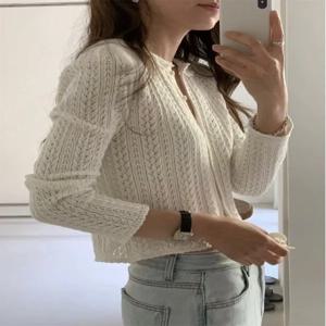 Ch � Nse 스타일 여성용 니트 오픈 가디건 긴팔 속이 비치는 꽃 자수 칼라 다용도 초가을 아우터웨어