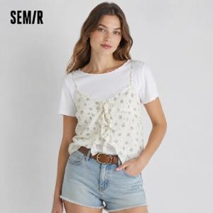 Semir 여성 세트 짧은 길이 레이스 티셔츠 꽃무늬 질감 슬립 빈티지 스위트 2026 여름 캐주얼 패션 탑
