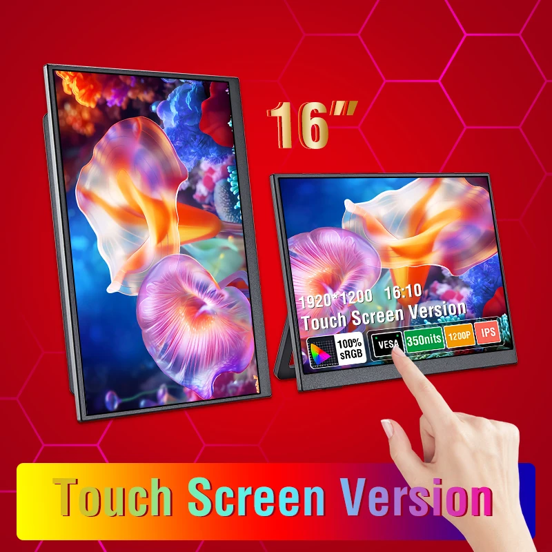 16인치 터치식 휴대용 모니터, 100% sRGB, 350cd/m² 밝기, 노트북용 외장형 보조 디스플레이, 터치 기능 유무 선택 가능