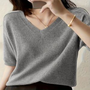 여성용 새 니트 반팔 티셔츠, 얇고, 루즈한 핏, V넥, 슬리밍, 고급스러운 느낌, 통기성 좋은 상의