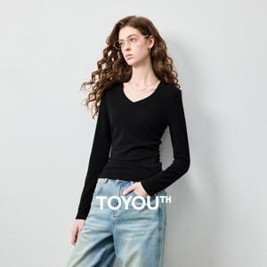 TOYOUTH 여성용 울 혼방 V넥 슬림핏 티셔츠 2026 가을 신상 모찌 소프트 지적인 시크 코지 베이스 레이어링 탑