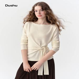 DUSHU 2026 가을 여성용 경량 메리노 울 크루넥 풀오버, 우아한 오피스룩과 일상 스타일을 위한 부드러운 파인 니트 탑