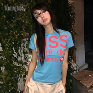 Tonngirls Y2k 프린트 레터 T 셔츠 여성 스키니 반팔 일본 2000 년대 자르기 탑 빈티지 그런지 탑 아메리칸 레트로 티셔츠