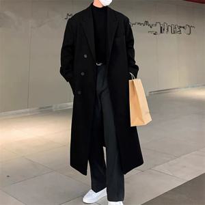 남성용 울 혼방 코트, 롱 비즈니스 캐주얼 모직 아우터, 턴다운 칼라 트렌치 코트, 윈브레이커, 패션, 가을, 겨울