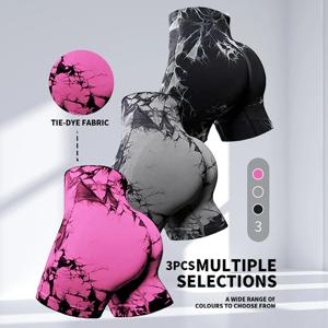 CZGUKE 3-PCS 여성용 타이 다이 요가 피트니스 반바지(힙 리프팅 벨트 포함) 하이 웨이스트 이음매 없는 사이클링 바지 스포츠 반바지