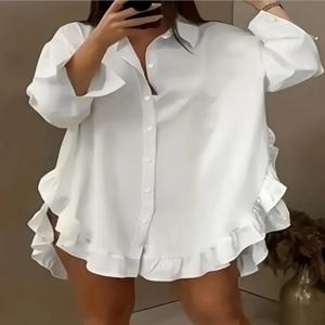 여성용 단색 미니 파티 무도회 흰색 미니 드레스, 팔발라 라펠 긴팔 캐주얼 셔츠, 캐주얼 빈티지 블라우스, 신제품