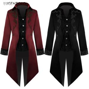 남자 자수 Steampunk Tailcoat 코트 중세 의상 빈티지 슬림 코트 턱시도 솔리드 싱글 브레스트 롱 자켓