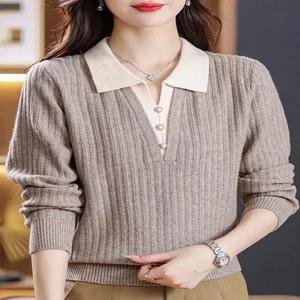 봄 가을 신상 여성 폴로 셔츠 단색 다용도 긴팔 니트 탑 베이스 레이어 패셔너블 출퇴근 스타일