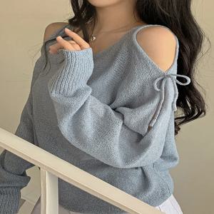 시크한 여름 루즈 숄더 오픈 스플릿 긴팔 니트 탑 여성용 얇은 오버헤드 스웨터 한국 스타일 라운드 넥 배트윙 슬리브