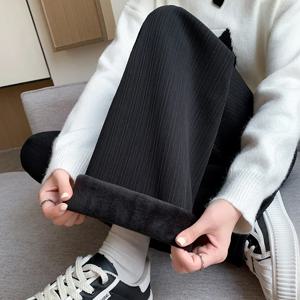 가을 겨울 기모 안감 와이드 레그 팬츠 여성용 하이웨이스트 레깅스 두꺼운 스트레이트 스트라이프 캐주얼 팬츠 기모