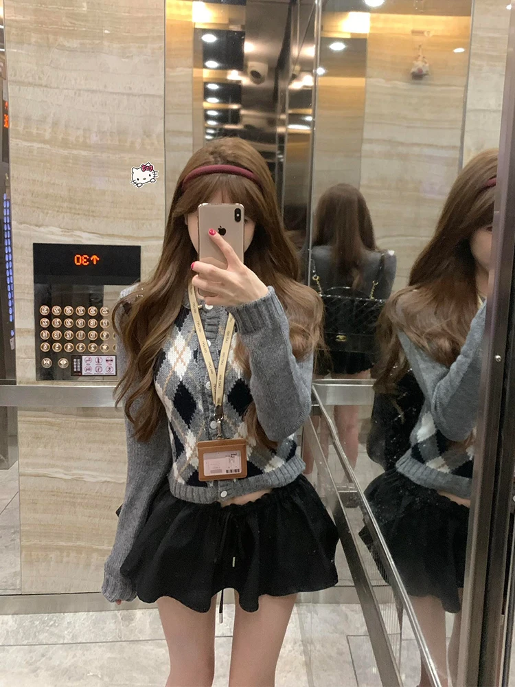 LookTiTi 빈티지 프레피 컬러 블록 니트 가디건 여성 패션 슬리밍 스웨터 재킷 짧은 길이 라운드 넥 긴 소매