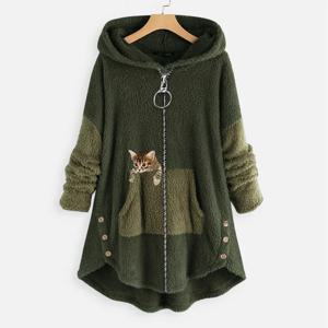 후드 코트 자켓 여성 후드 티셔츠 패치 워크 고양이 프린트 지퍼 두꺼운 오버 코트 streetwear 여성 가을 ​​겨울 겉옷