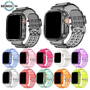 애플 워치용 캔디 컬러 클리어 밴드+케이스 11/10/8/7/6/5/4 49mm 46mm 42mm 클리어 크리스탈 스포츠 밴드(보호 범퍼 케이스 포함)