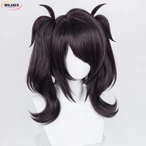 아메 엔젤짱 코스프레 가발 레인 숏 블랙 더블 클립 포니테일 열 저항성 합성 헤어 OMG 귀여운 애니메이션 가발 + 가발 캡