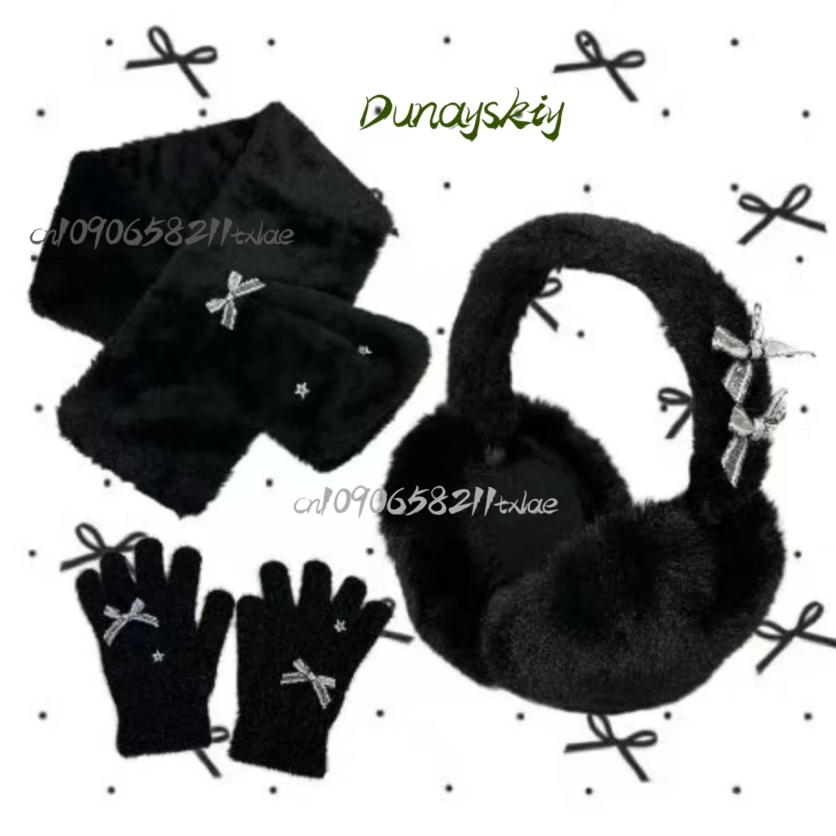 지라이 케이 일본 펑크 다크 걸즈 코스프레 소품 겨울용 따뜻한 블랙 플러시 보우 이어머프 장갑 스카프 데일리 로리타 파티 여성용