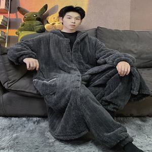 남성용 산호 양털 잠옷 오버사이즈 푹신한 가운 긴팔 보온 홈웨어 폴리에스터 섬유 가을 겨울 라운지웨어