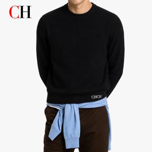 CH 남성용 크루넥 긴팔 스웨터, 눈에 띄는 화이트 레터 자수, 밑단 레귤러 핏, 미니멀리스트 가을 오피스 데일리룩