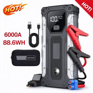 6000A 차량 점프 스타터 파워 뱅크 12V – SUV, 트럭, 휘발유 및 디젤 차량용 비상 시동기(LED 손전등 및 듀얼 USB 충전기 포함)