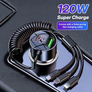 USB 차량용 휴대폰 충전 어댑터 (수납식 케이블, LED 전압 모니터 포함) 아이폰, 삼성, 화웨이용 3 in 1 초고속 충전