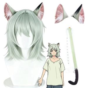 Chainsmoker Cat Yaniko Satou 코스프레 가발 고양이 귀 꼬리가 있는 혼합 푹신한 섬유 머리카락 Yani Neko Anime Hairpiece 할로윈 소품