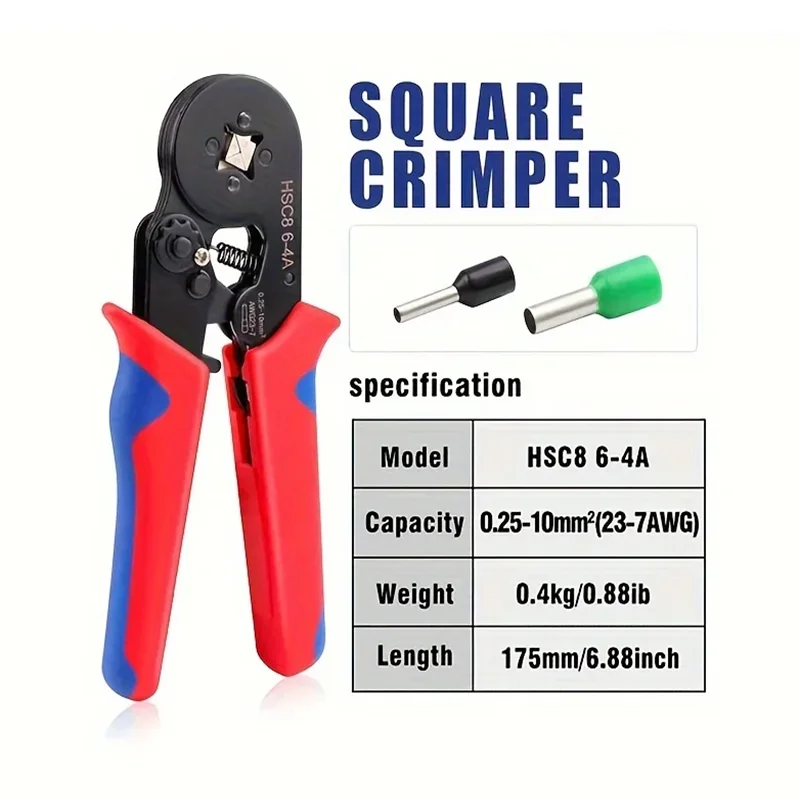 HSC8 6-4 크림퍼 플라이어 0.25-10mm² 23-7AWG 페룰 튜브형 터미널 크림핑 클램프 세트 전기 기술자용 공구