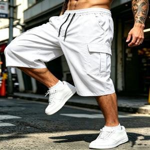 남성용 테크웨어 스타일 카고 카프리 반바지, 멀티 포켓 수납공간이 있는 엣지리 스트리트 스타일, 신축성 있는 드로스트링 허리밴드 & 통기성 좋은 소재