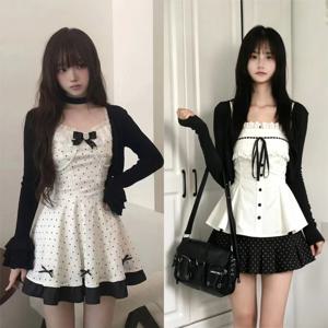 하라주쿠 Y2K 스위트 3피스 세트 폴카 도트 민소매 조끼 짧은 가디건 여성 슬림 A라인 스커트 캐주얼 스트리트 데일리 파티웨어
