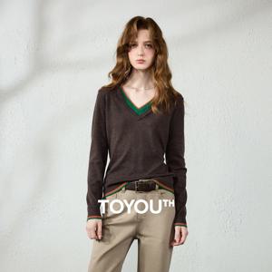 TOYOUTH 여성 니트 스웨터 2026 가을 새로운 더블 레이어 V 넥 빈티지 컬러 블록 슬림 피트 울 블렌드 베이스 레이어 탑