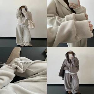 양면 글루텐 벨벳 후드 재킷 여성 캐주얼 루즈핏 바지 한국 스타일 투피스 세트 편안하고 통기성 좋은