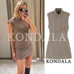 KONDALA 여성 우아한 체크무늬 점프수트 드레스 빈티지 시크 슬림 민소매 미니 드레스 2026년 가을 트렌디 캐주얼 클래식 드레스
