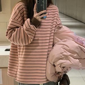 가을, 겨울용 여성용 한국 스타일 캐주얼 풀오버 스웨트셔츠, 라운드넥, 긴팔, 컬러 블록 스트라이프 패턴, 오버사이즈, 루즈핏 여성용 상의
