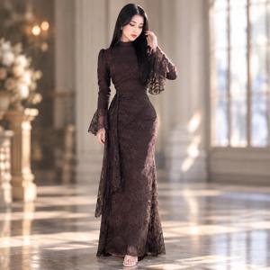 긴 드레스, 플리츠 장식, 맥시 기장, 우아한 디자인, 자수 프린트, 스탠드 칼라, 여성용 겨울 웨딩 드레스