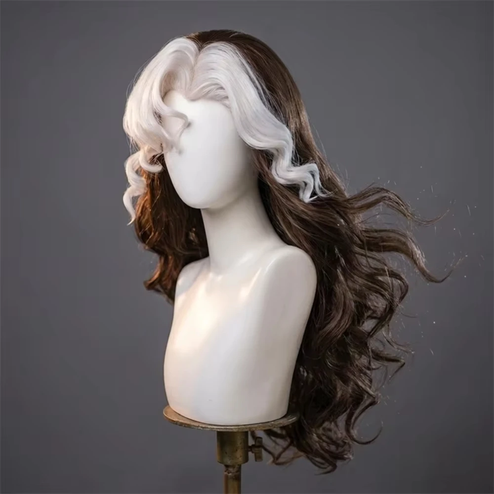 슈퍼히어로 안나 마리 르보 코스프레 로그 가발 화이트 브라운 긴 웨이브 곱슬 합성 헤어 가발 내열성