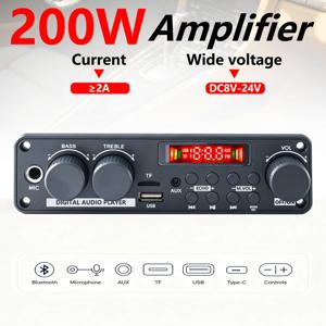 200W, 2×100W 앰프 보드, 디지털 플레이어, USB/TF/AUX/FM, 마이크 및 리모컨이 포함된 블루투스 오디오 앰프, 차량 및 가정용 DIY에 적합