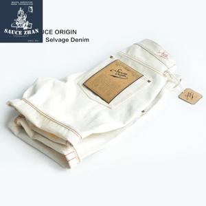 SAUCE ORIGIN 남성용 흰색 청바지, 포인트 디테일이 들어간 반바지, 남성용 데님 소재, 셀비지 데님, 레귤러 핏